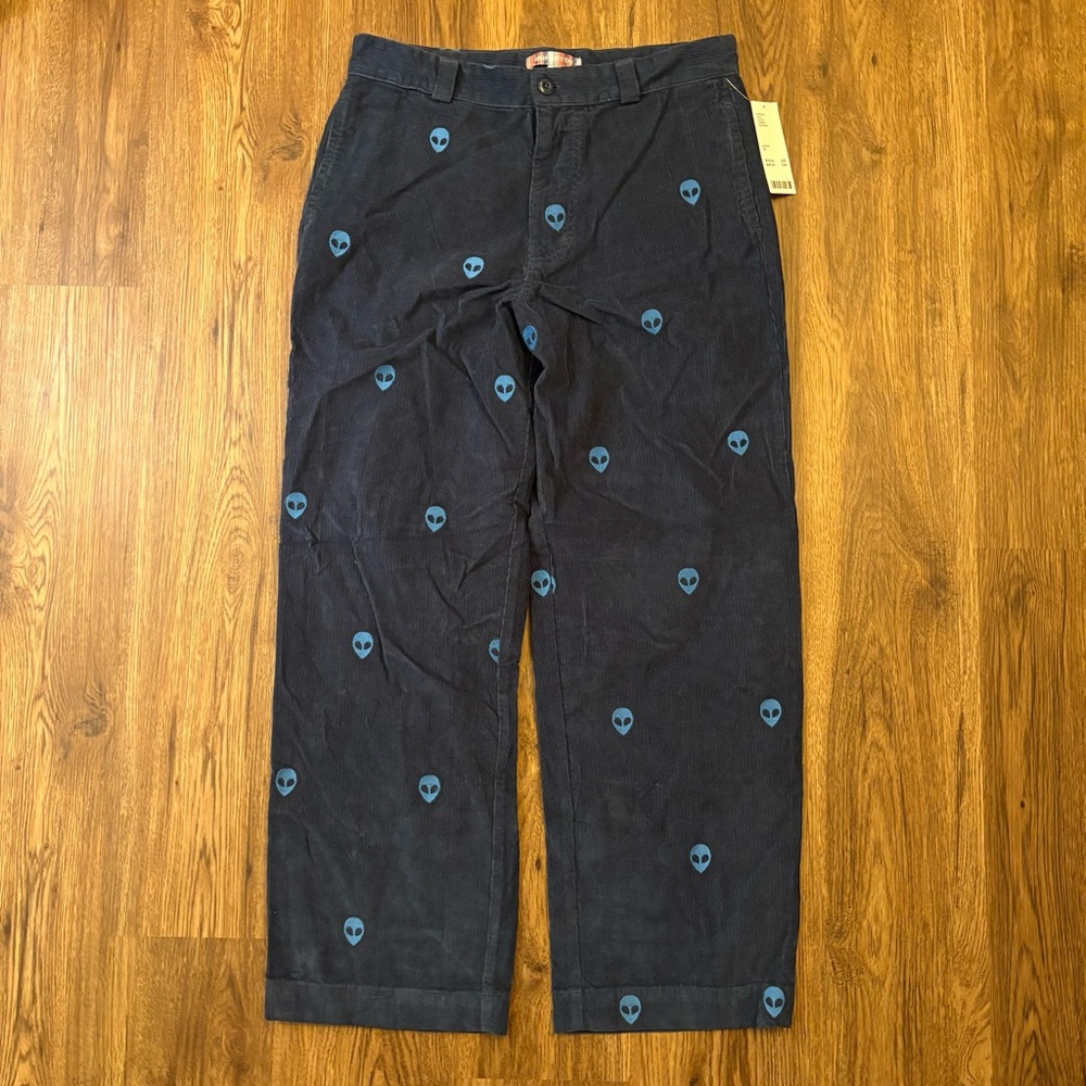 Men's Urban Outfitters Navy Blue Embroidered Alien Corduroy Pants